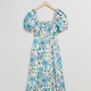 & Other Stories Puff Sleeve Linen Dress (White/Light Blue Floral Print)